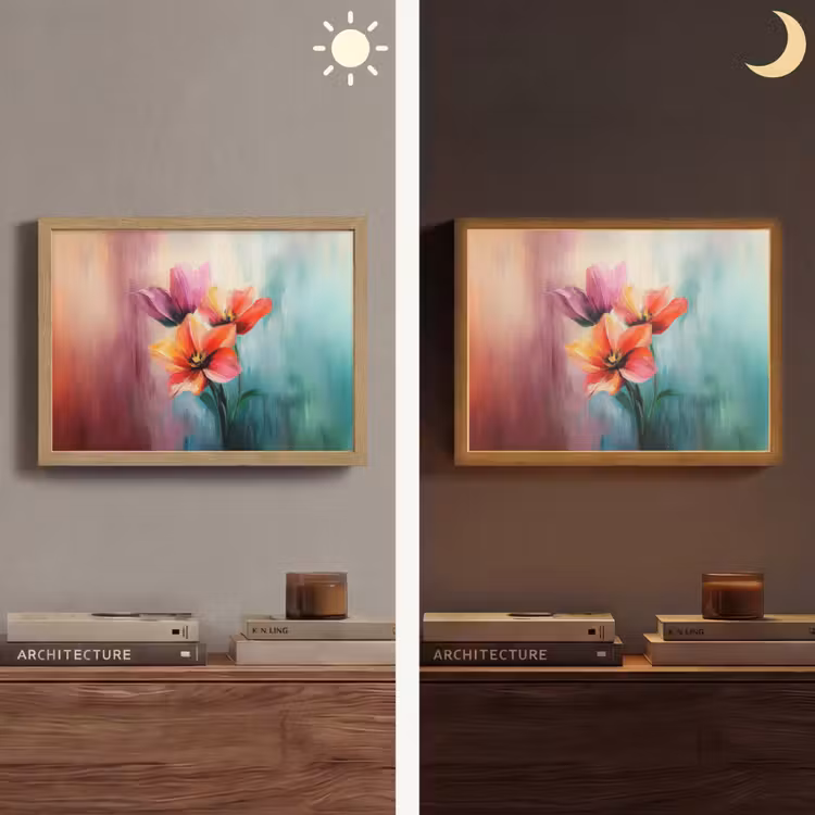 Tulpen - Lichtreflecties - Kleurverloop Light Box met batterij (Wandlamp) middel -sfeer3