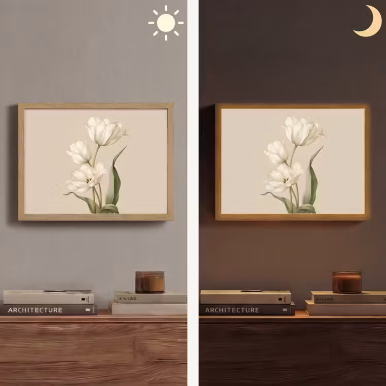 Tulpen - Wit - Bladeren Light Box met batterij (Wandlamp) middel -sfeer3