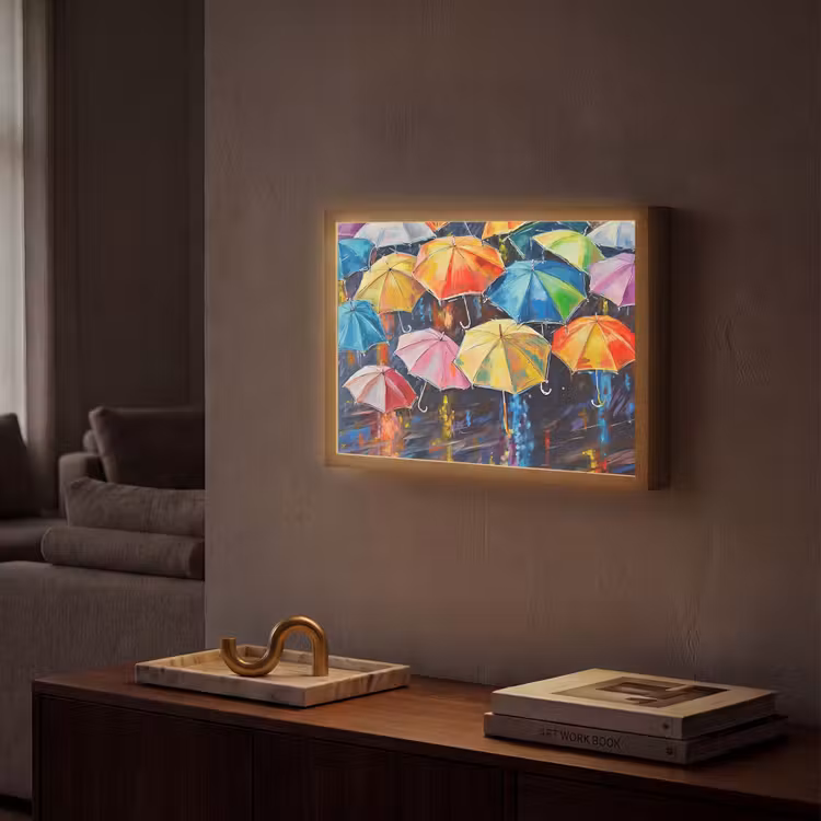 Paraplu's - Schilderij - Kunst - Regenboog Light Box met batterij (Wandlamp) middel -sfeer1