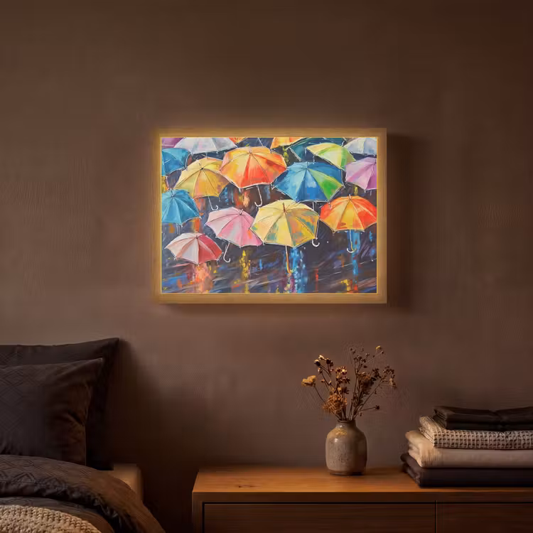 Paraplu's - Schilderij - Kunst - Regenboog Light Box met batterij (Wandlamp) middel -sfeer4