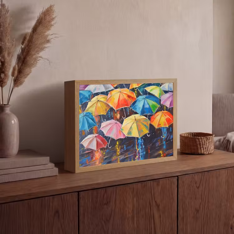 Paraplu's - Schilderij - Kunst - Regenboog Light Box met batterij (Wandlamp) middel -sfeer2