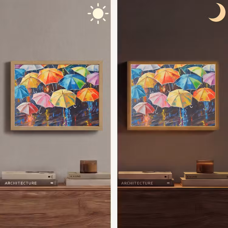 Paraplu's - Schilderij - Kunst - Regenboog Light Box met batterij (Wandlamp) middel -sfeer3