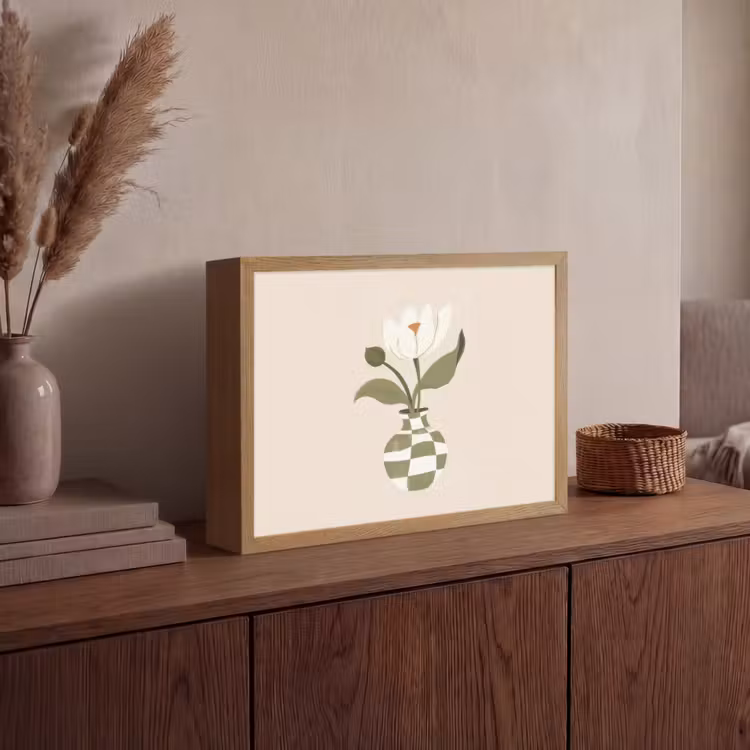 Vaas - Geruit - Bloem - Groen Light Box met batterij (Wandlamp) middel -sfeer2