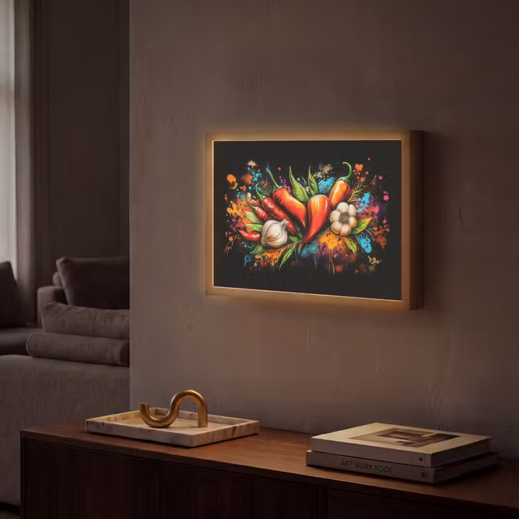Groente - Peper - Knoflook - Graffiti - Verf - Kleurrijk Light Box met batterij (Wandlamp) middel -sfeer1