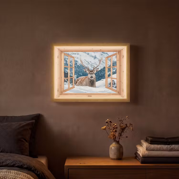 Doorkijk - Hert - Landschap - Winter - Natuur - Dieren - Bergen Light Box met batterij (Wandlamp) middel -sfeer4