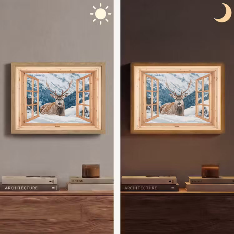 Doorkijk - Hert - Landschap - Winter - Natuur - Dieren - Bergen Light Box met batterij (Wandlamp) middel -sfeer3