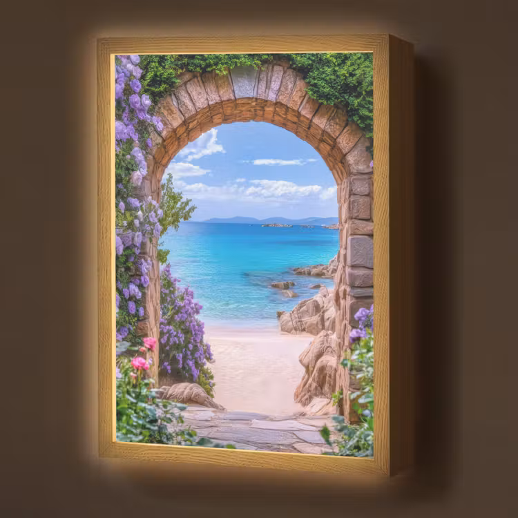 Doorkijk - Poort - Zee - Strand - Rotsen Light Box met batterij (Wandlamp) middel -z3d_website