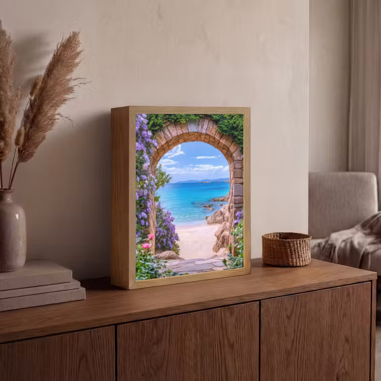 Doorkijk - Poort - Zee - Strand - Rotsen Light Box met batterij (Wandlamp) middel -sfeer2
