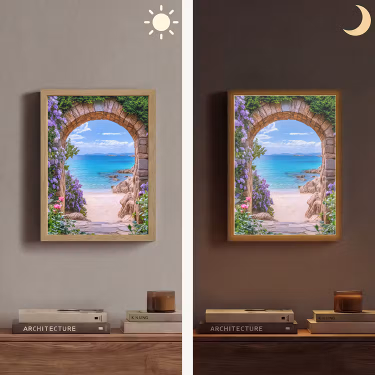 Doorkijk - Poort - Zee - Strand - Rotsen Light Box met batterij (Wandlamp) middel -sfeer3