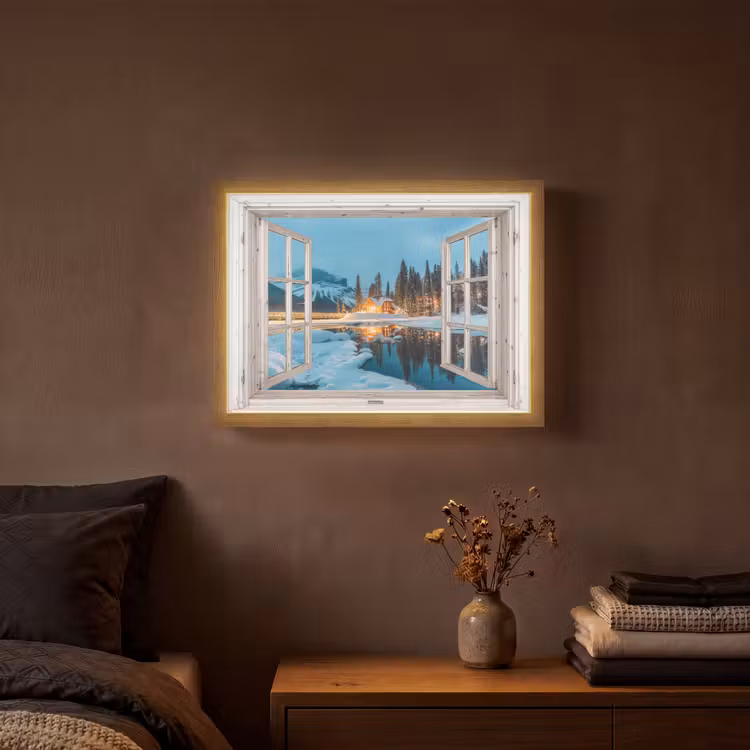 Doorkijk - Winterlandschap - Natuur - Huis - Bergen Light Box met batterij (Wandlamp) middel -sfeer4