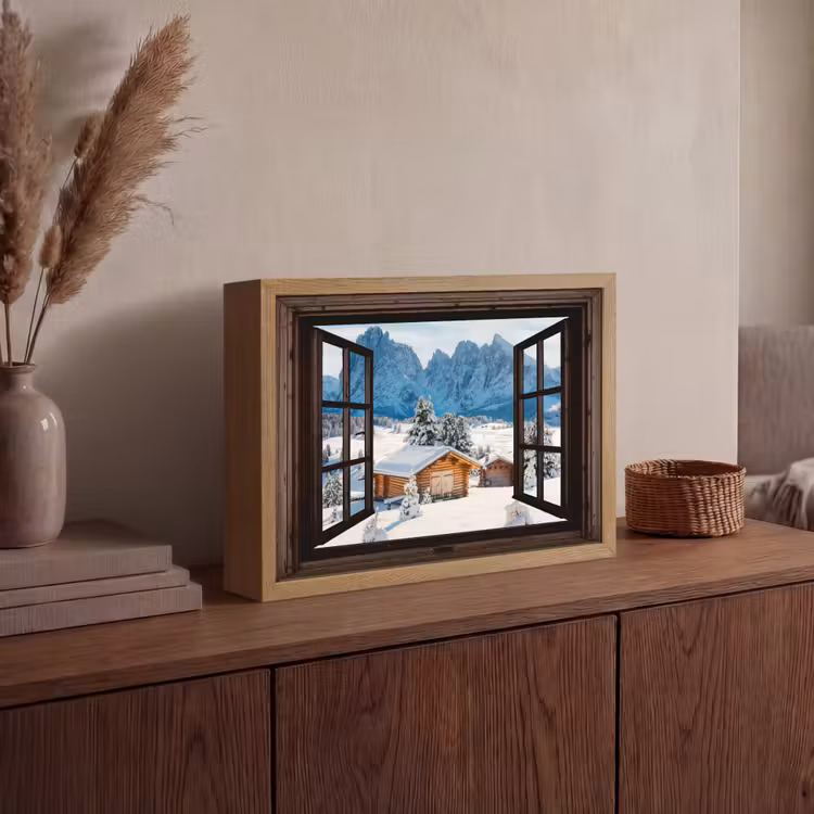 Doorkijk - Winter - Landschap - Huisje - Bergen Light Box met batterij (Wandlamp) middel -sfeer2