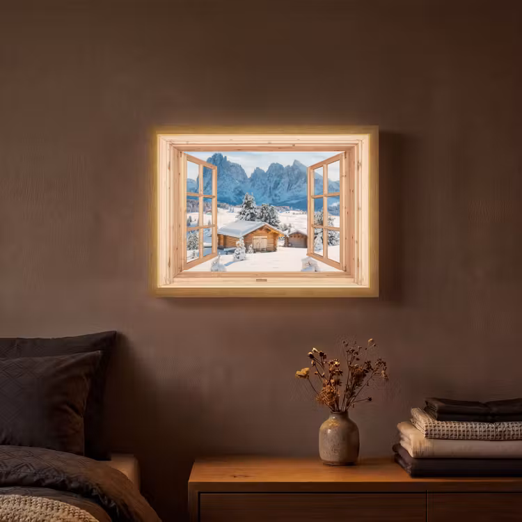 Doorkijk - Winterlandschap - Huisje - Bergen - Uitzicht Light Box met batterij (Wandlamp) middel -sfeer4