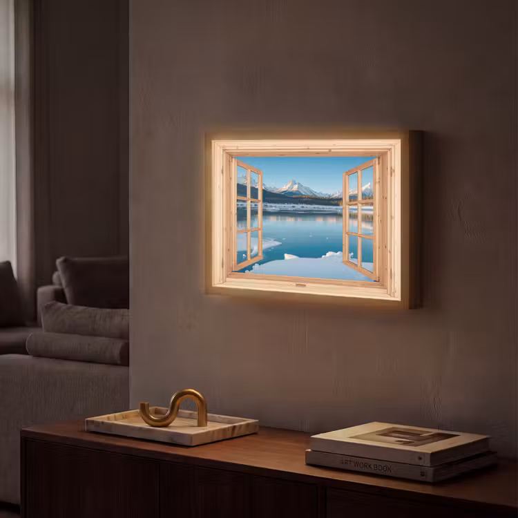 Doorkijk - Landschap - Winter - Meer - Bergen - Uitzicht Light Box met batterij (Wandlamp) middel -sfeer1