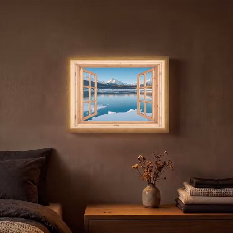 Doorkijk - Landschap - Winter - Meer - Bergen - Uitzicht Light Box met batterij (Wandlamp) middel -sfeer4