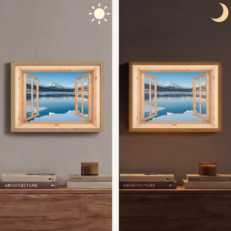Doorkijk - Landschap - Winter - Meer - Bergen - Uitzicht Light Box met batterij (Wandlamp) middel -sfeer3