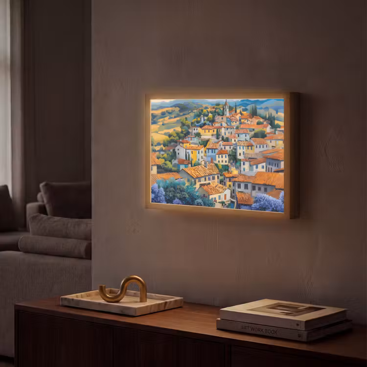 Dorp - Heuvels - Landschap - Bomen Light Box met batterij (Wandlamp) middel -sfeer1