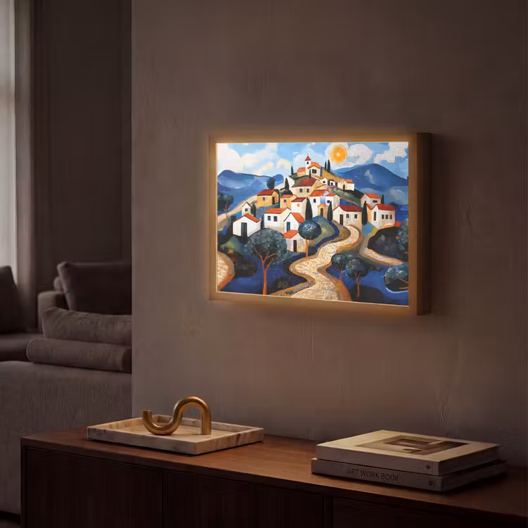 Dorp - Heuvelachtig - Zon - Mozaïek Light Box met batterij (Wandlamp) middel -sfeer1