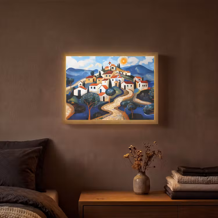 Dorp - Heuvelachtig - Zon - Mozaïek Light Box met batterij (Wandlamp) middel -sfeer4