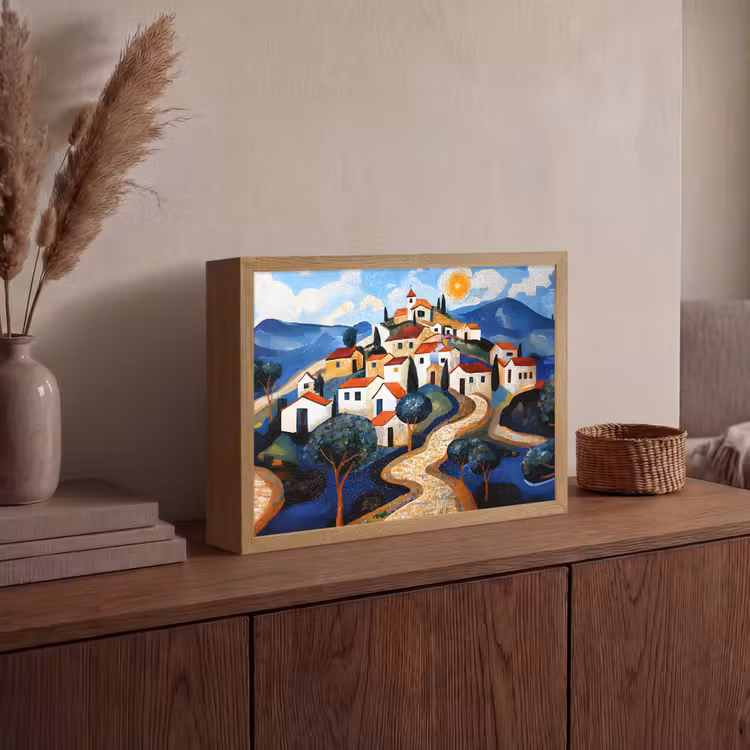 Dorp - Heuvelachtig - Zon - Mozaïek Light Box met batterij (Wandlamp) middel -sfeer2