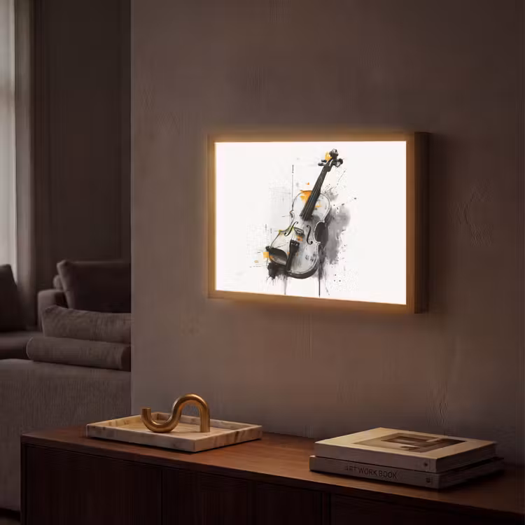 Viool - Oranje - Zwart - Penseelstreken Light Box met batterij (Wandlamp) middel -sfeer1