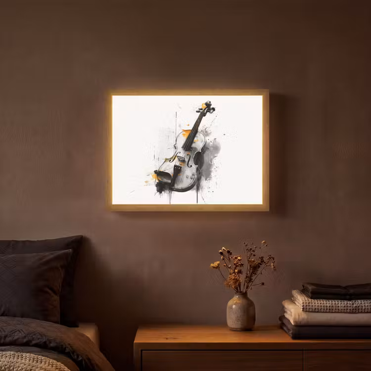 Viool - Oranje - Zwart - Penseelstreken Light Box met batterij (Wandlamp) middel -sfeer4