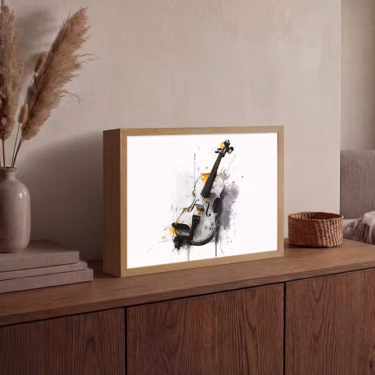 Viool - Oranje - Zwart - Penseelstreken Light Box met batterij (Wandlamp) middel -sfeer2