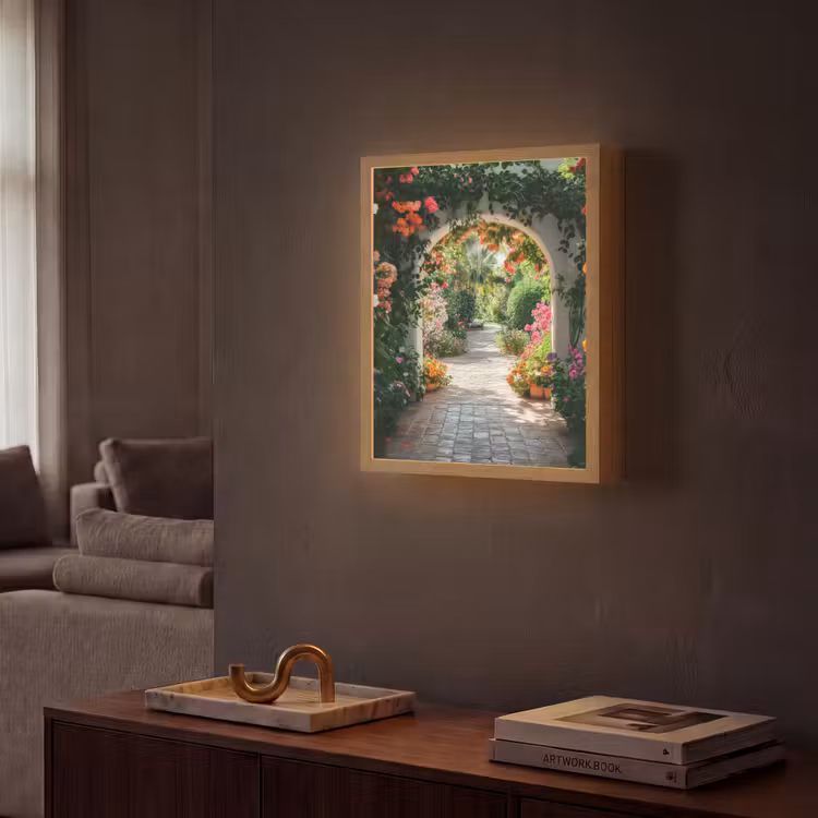 Doorkijk - Bloemen - Natuur - Bloementuin Light Box met batterij (Wandlamp) middel -sfeer1