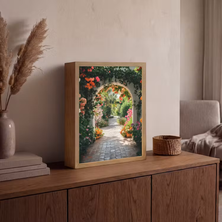 Doorkijk - Bloemen - Natuur - Bloementuin Light Box met batterij (Wandlamp) middel -sfeer2