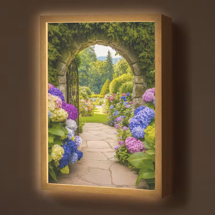 Doorkijk - Poort - Hortensia - Bloementuin Light Box met batterij (Wandlamp) middel -z3d_website