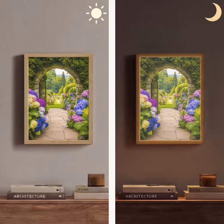 Doorkijk - Poort - Hortensia - Bloementuin Light Box met batterij (Wandlamp) middel -sfeer3