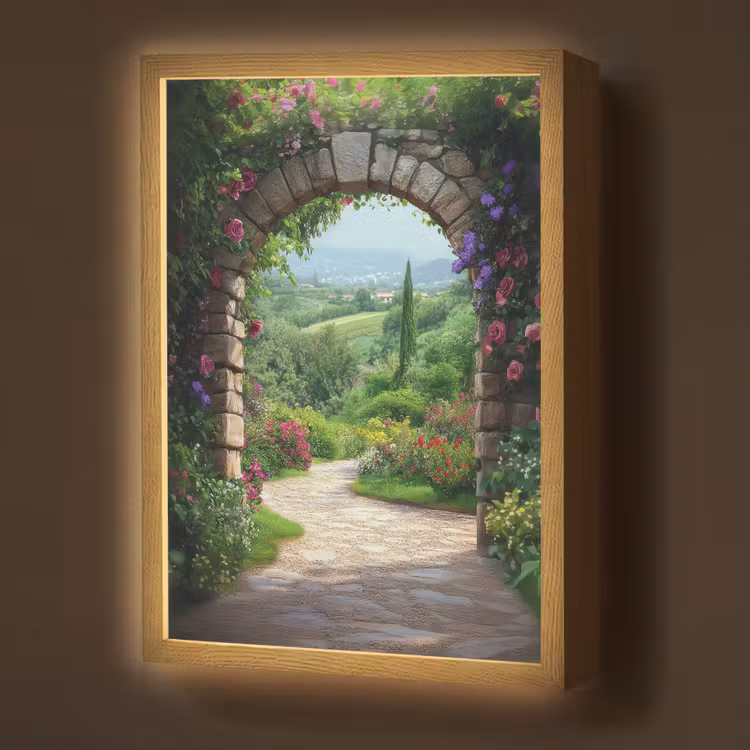 Doorkijk - Landschap - Bloemen - Pad - Uitzicht Light Box met batterij (Wandlamp) middel -z3d_website
