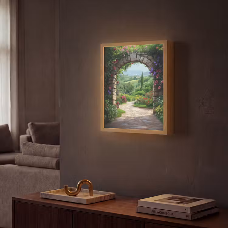Doorkijk - Landschap - Bloemen - Pad - Uitzicht Light Box met batterij (Wandlamp) middel -sfeer1
