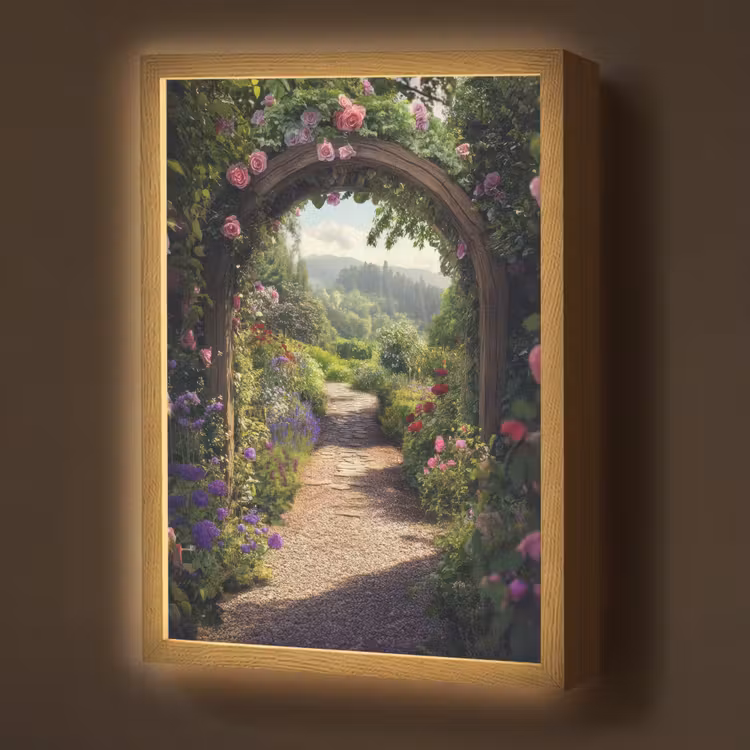 Doorkijk - Landschap - Bloemen - Rozenboog - Natuur Light Box met batterij (Wandlamp) middel -z3d_website