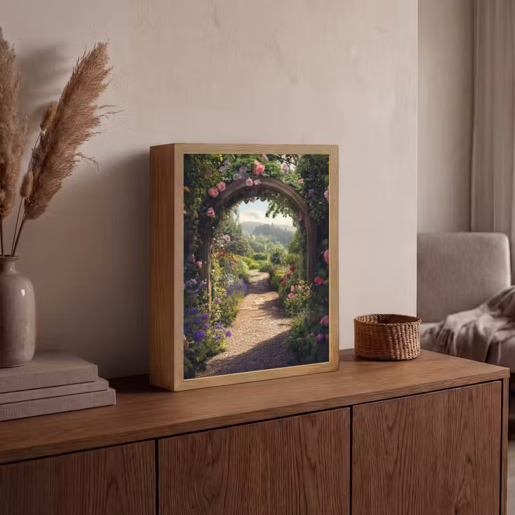 Doorkijk - Landschap - Bloemen - Rozenboog - Natuur Light Box met batterij (Wandlamp) middel -sfeer2