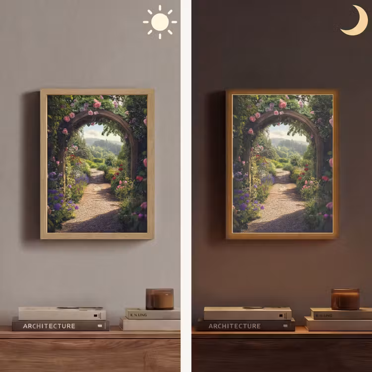Doorkijk - Landschap - Bloemen - Rozenboog - Natuur Light Box met batterij (Wandlamp) middel -sfeer3