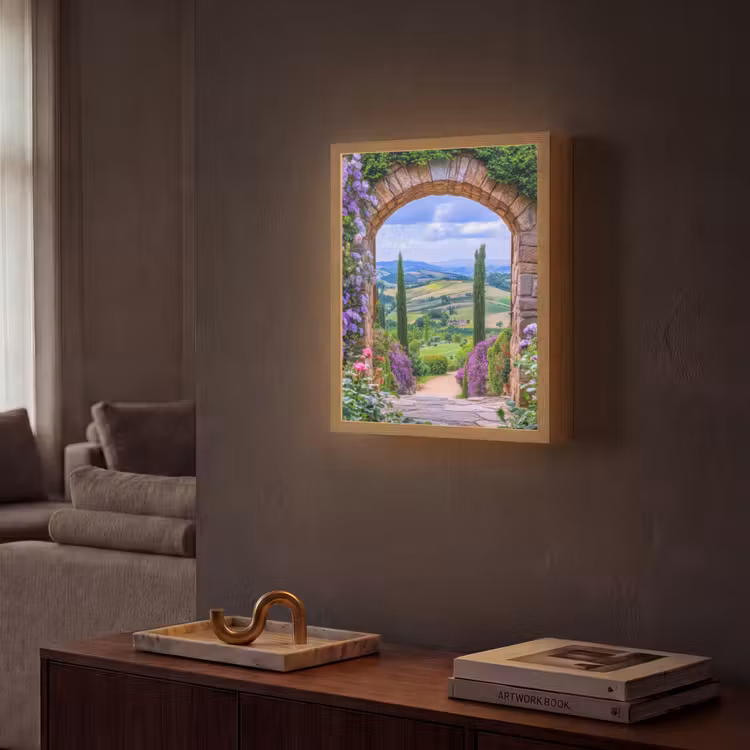 Doorkijk - Toscane - Landschap - Poort Light Box met batterij (Wandlamp) middel -sfeer1
