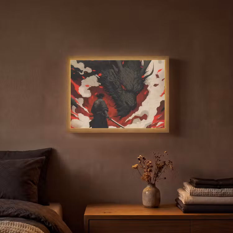 Krijger - Draak - Zwart - Rood - Rook Light Box met batterij (Wandlamp) middel -sfeer4
