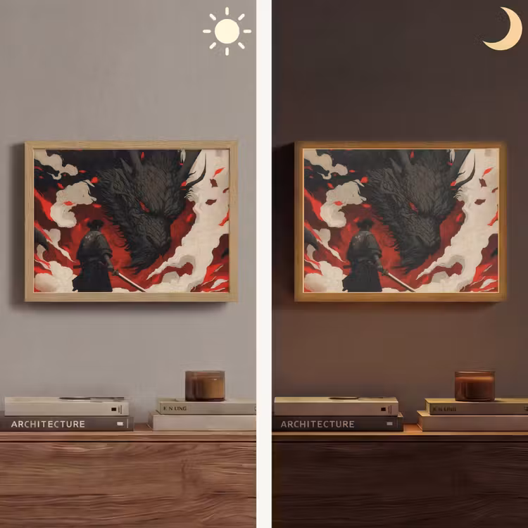Krijger - Draak - Zwart - Rood - Rook Light Box met batterij (Wandlamp) middel -sfeer3