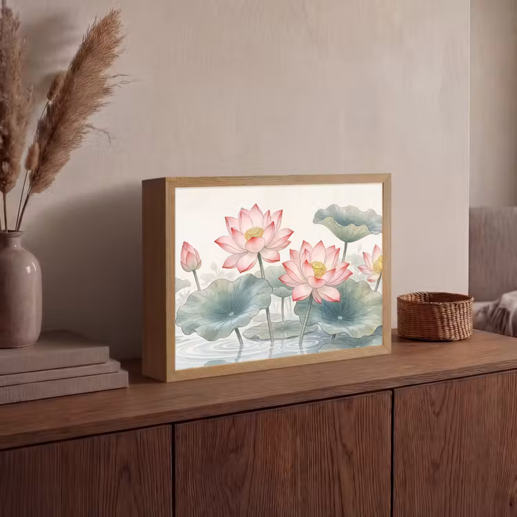 Aquarel - Lotusbloemen - Kleurrijk Light Box met batterij (Wandlamp) middel -sfeer2