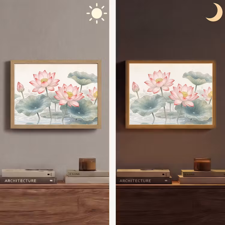 Aquarel - Lotusbloemen - Kleurrijk Light Box met batterij (Wandlamp) middel -sfeer3