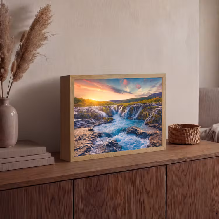 Waterval - Planten - Mos - Landschap - Zonsondergang - Rots Light Box met batterij (Wandlamp) middel -sfeer2