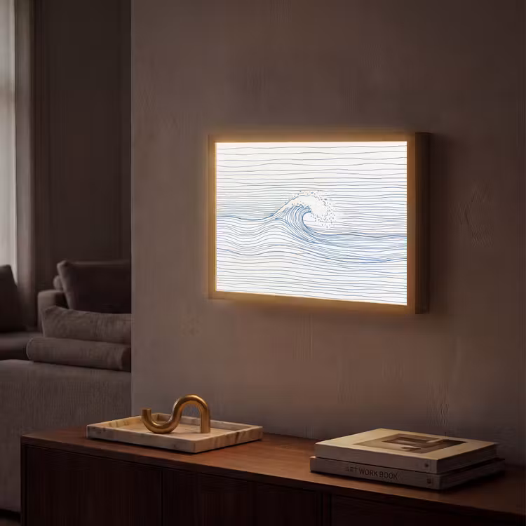 Golf - Brekende - Natuur - Minimalistisch - Blauw Light Box met batterij (Wandlamp) middel -sfeer1