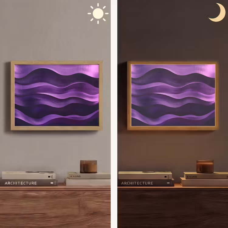 Golven - Abstract - Paars Light Box met batterij (Wandlamp) middel -sfeer3