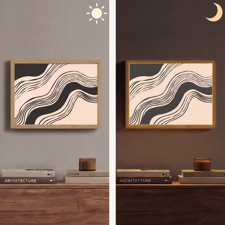 Golven - Zwart - Zandkleur Light Box met batterij (Wandlamp) middel -sfeer3