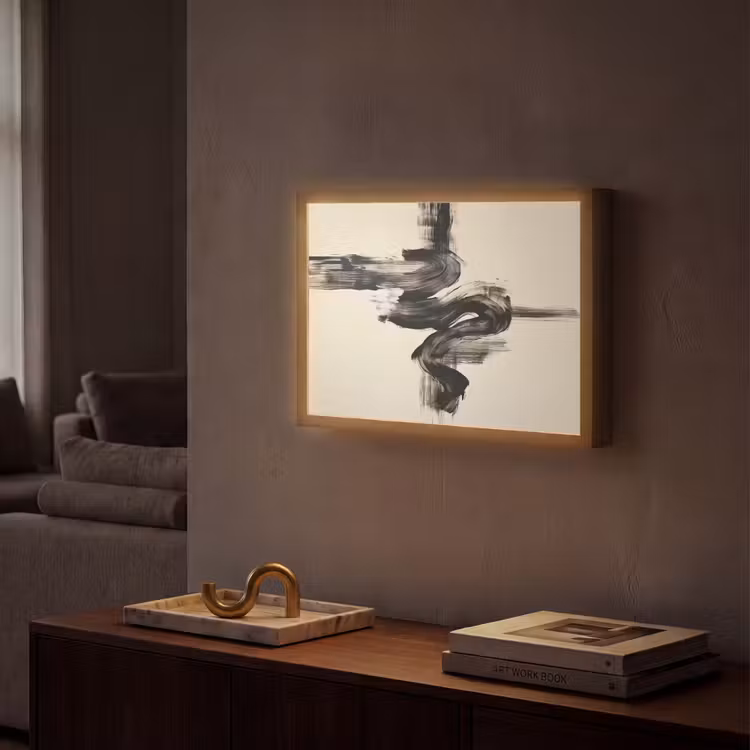 Golven - Penseelstreken - Beige - Minimalistisch Light Box met batterij (Wandlamp) middel -sfeer1