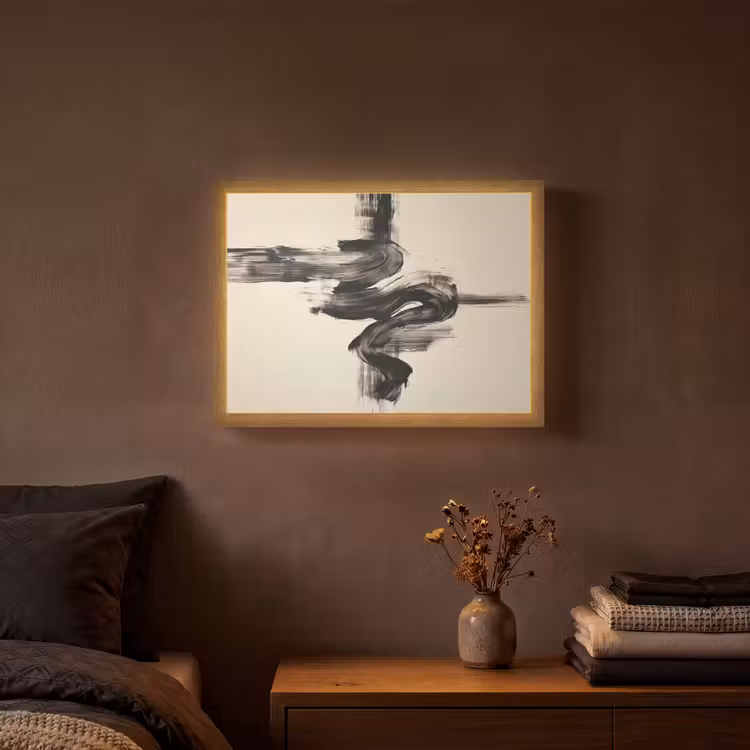 Golven - Penseelstreken - Beige - Minimalistisch Light Box met batterij (Wandlamp) middel -sfeer4