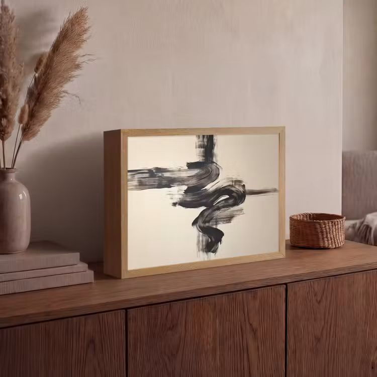 Golven - Penseelstreken - Beige - Minimalistisch Light Box met batterij (Wandlamp) middel -sfeer2