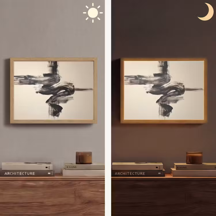 Golven - Penseelstreken - Beige - Minimalistisch Light Box met batterij (Wandlamp) middel -sfeer3