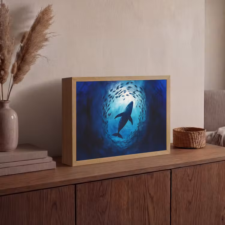 Walvis - Vissen - Donkerblauw Light Box met batterij (Wandlamp) middel -sfeer2