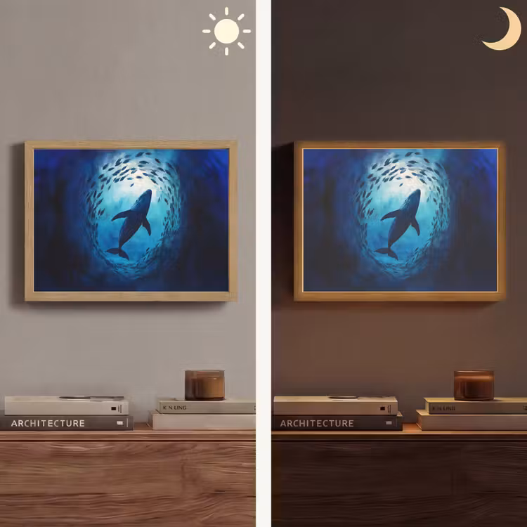 Walvis - Vissen - Donkerblauw Light Box met batterij (Wandlamp) middel -sfeer3